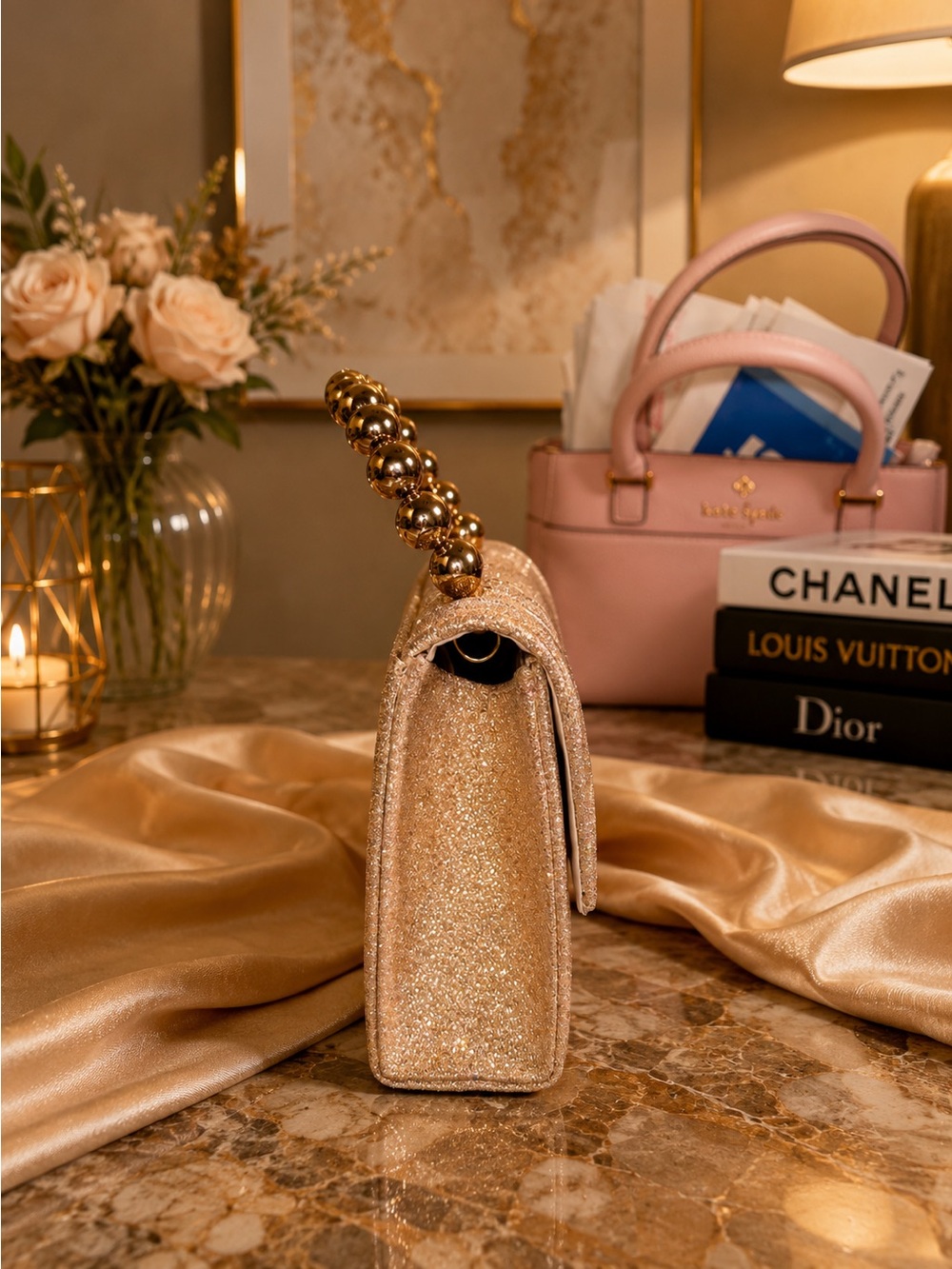 Gold Glitter Chain-Handle Evening Clutch - Picture 5 of 8
